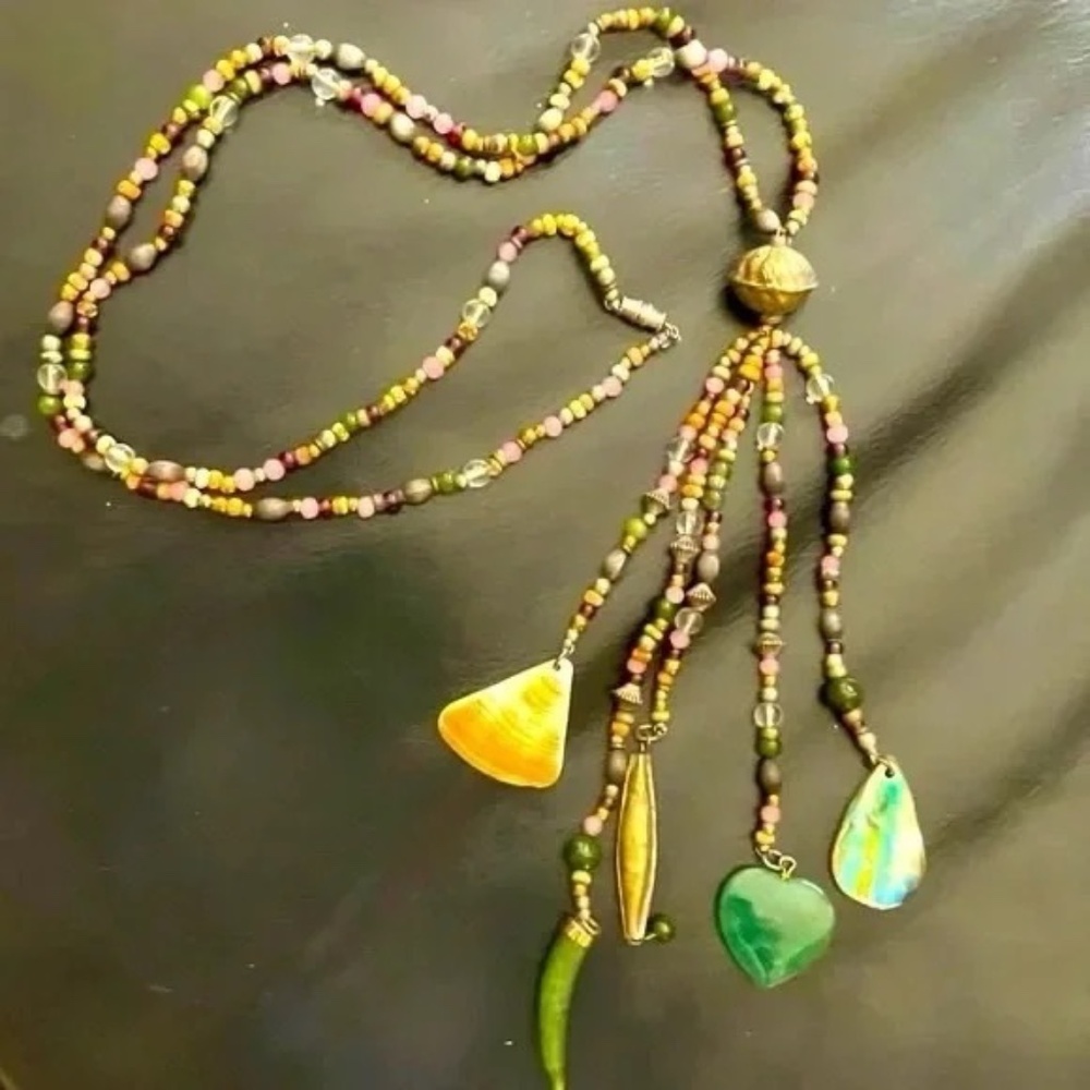 Aventurine Heart Pendant with Serpentine, Shell, Sterling beads